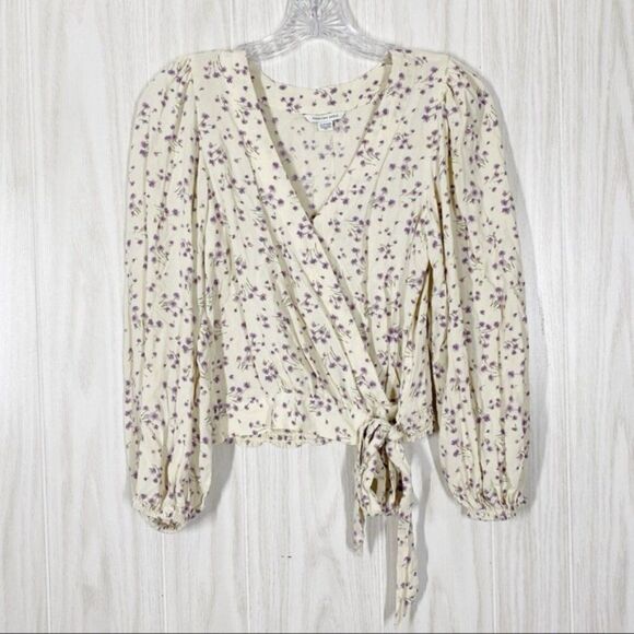American Eagle Outfitters Tops - American Eagle | Cream / Purple Faux Wrap Blouse Size XS